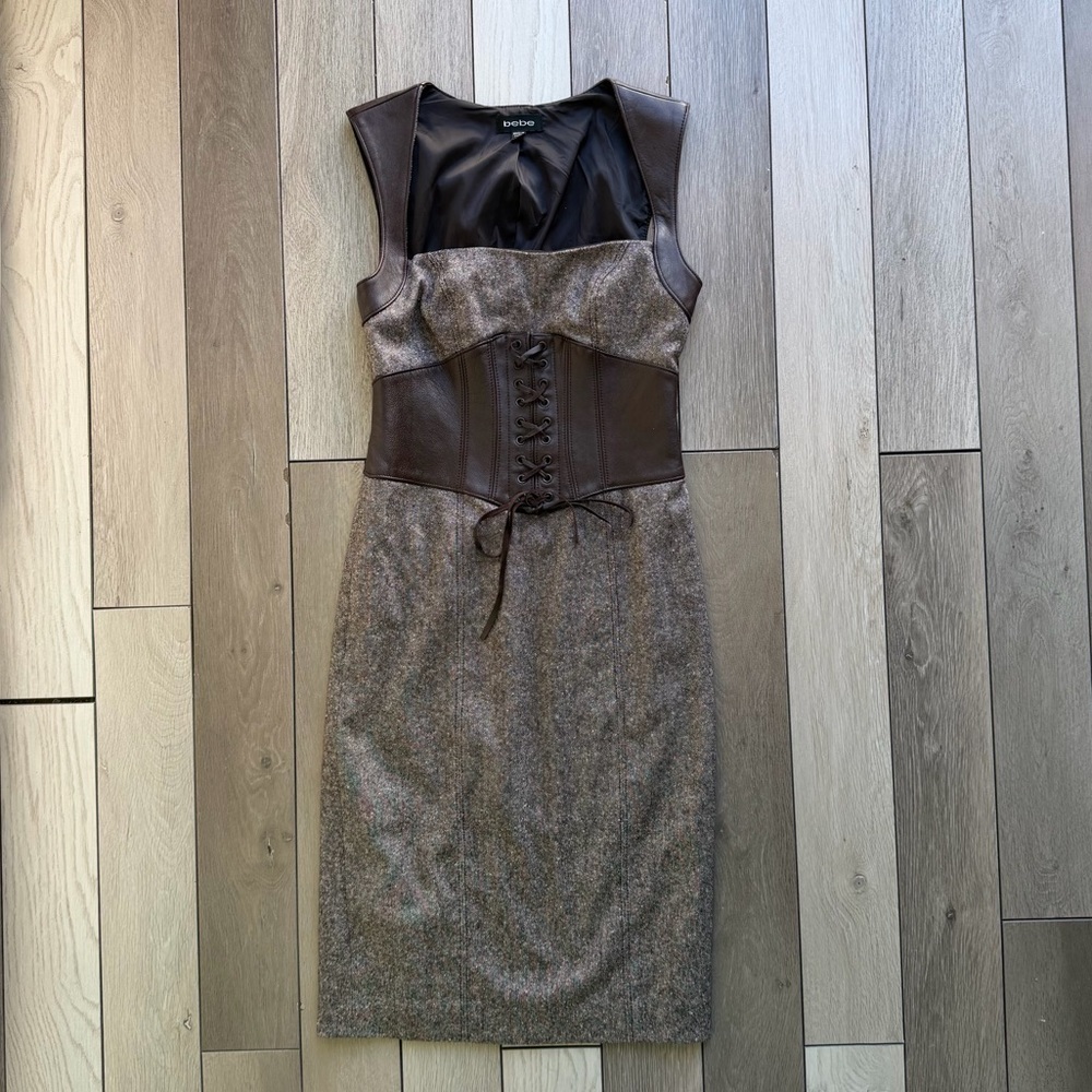 bebe Brown Tweed Midi Dress with Dark Brown Genuine Leather Corset